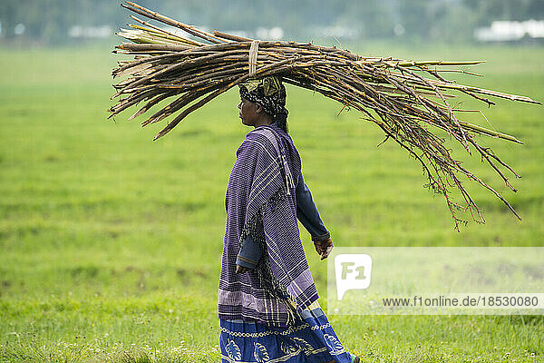 Frau in traditioneller Tracht  die ein Bündel Stöcke auf dem Kopf trägt; Ruanda