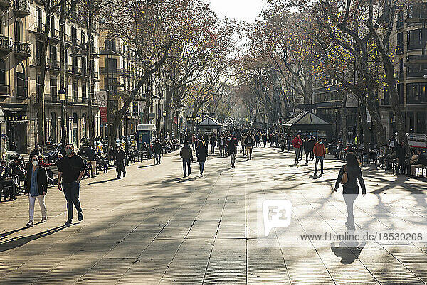 Fußgänger auf der La Rambla in Barcelona  Spanien  an einem schönen Herbsttag; Barcelona  Spanien