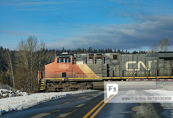 Zuglokomotive der Canadian National Railway auf Gleisen über einer Straße mit Schnee am Straßenrand; Langley  British Columbia  Kanada