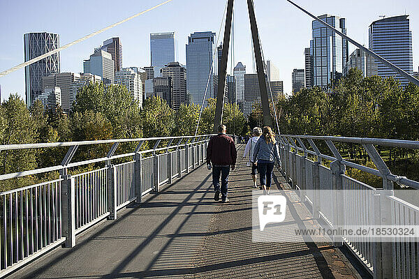 Pedestrians on the new Sandy Beach bridge replacing the old bridge damage in the 2013 flood; Calgary  Alberta  Canada