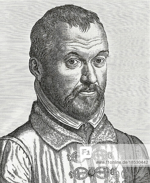 Porträt von Benito Arias Montano  auch bekannt als Benedictus Arias Montanus  1527-1598  spanischer Orientalist und Herausgeber des Antwerpener Polyglott. Illustriert nach einem Kupferstich von Philips Galle; Kunstwerk