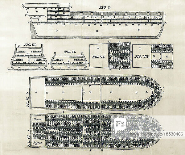 Plan der Decks eines Sklavenschiffs  der die unmenschlichen Bedingungen für den Transport von Sklaven über den Atlantik zeigt. Nach einer Illustration aus dem 19.