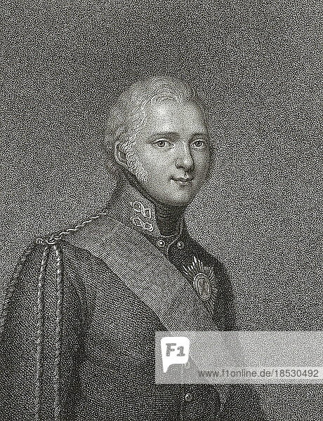 Alexander I.  1777 - 1825. Kaiser von Russland  König von Kongresspolen  Großherzog von Finnland. Nach einem Druck von Antoine Cardon nach dem Gemälde von Franz Gerhard von Kügelgen.