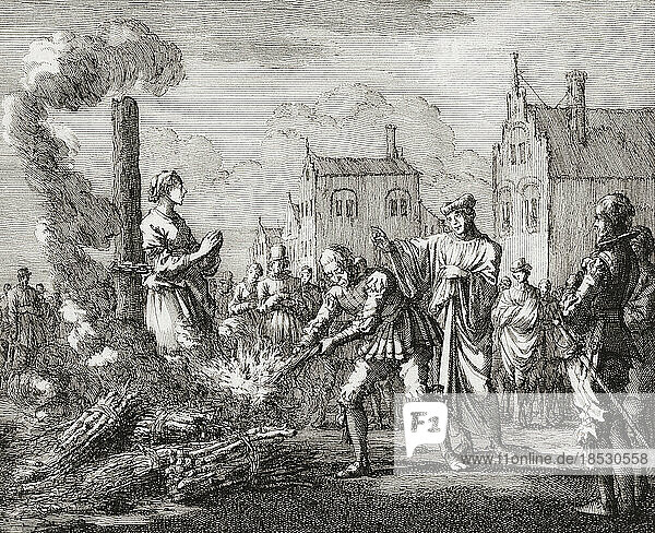 A woman is burned at the stake as a witch. After a work by Jan Luyken.