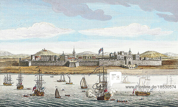 Fort St. George an der Coromandel-Küste. Es gehörte der East India Company von England. Das Fort in Madras  dem heutigen Chennai  wurde 1639 gegründet und war die erste britische Festung in Indien. Aus einem Druck aus dem 18. Jahrhundert von einem anonymen Künstler nach einem Werk von Jan Van Ryne.