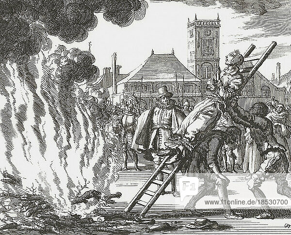 A witch condemned to be burned alive in 16th century Holland. After a 17th century work by Jan Luyken.