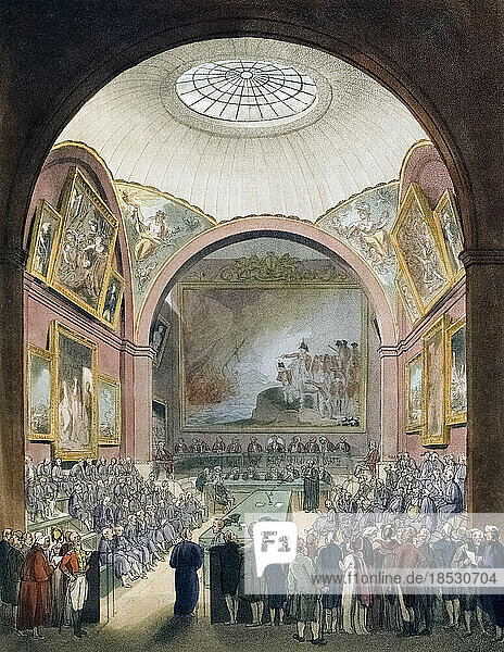 Common Council Chamber  Guildhall. Circa 1808. After a work by August Pugin and Thomas Rowlandson in the Microcosm of London  published in three volumes between 1808 and 1810 by Rudolph Ackermann. Pugin was the artist responsible for the architectural elements in the Microcosm pictures; Thomas Rowlandson was hired to add the lively human figures.