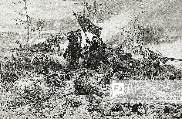 Konföderierte Truppen unter Druck während einer Schlacht im amerikanischen Bürgerkrieg. Nach dem Gemälde von Gilbert Gaul aus dem 19. Jahrhundert  On the Confederate Line of Battle - With Fate Against Them.