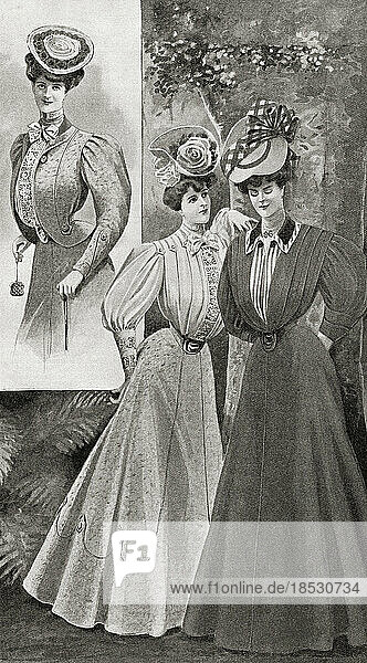 Modewerbung des frühen 20. Jahrhunderts für Kleider für trübe Tage. Ein schickes Mäntelchen  ein maßgeschneidertes Jupe  ein Knockabout-Kostüm. Aus The World and his Wife  veröffentlicht 1906