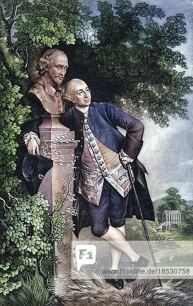 David Garrick  1717 - 1779. Englischer Schauspieler  Dramatiker  Theaterleiter und Produzent neben einer Büste von William Shakespeare. Nach einem Druck von Valentine Green nach einem Gemälde von Thomas Gainsborough. Spätere Kolorierung.