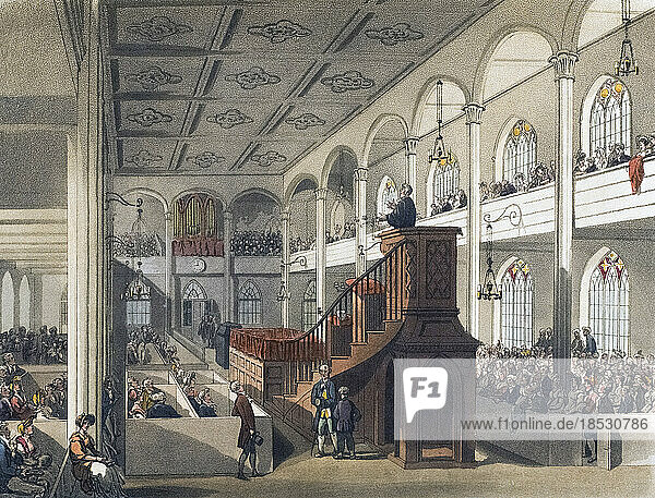 Philanthropic Society  the Chapel. Circa 1808. After a work by August Pugin and Thomas Rowlandson in the Microcosm of London  published in three volumes between 1808 and 1810 by Rudolph Ackermann. Pugin was the artist responsible for the architectural elements in the Microcosm pictures; Thomas Rowlandson was hired to add the lively human figures.