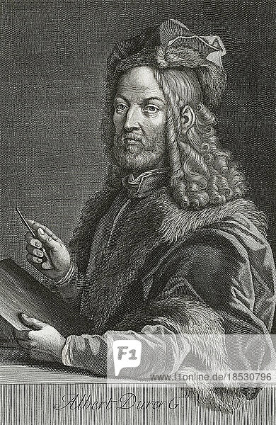 Illustriertes Porträt von Albrecht Dürer  1471 - 1528  deutscher Künstler  Grafiker und Theoretiker  nach einem Stich von Gerard Edelinck; Kunstwerk