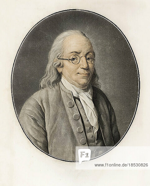 Benjamin Franklin  1706 - 1790. American statesman and Founding Father. After a print by Pierre Michel Alix from the painting by Louis Michel van Loo.