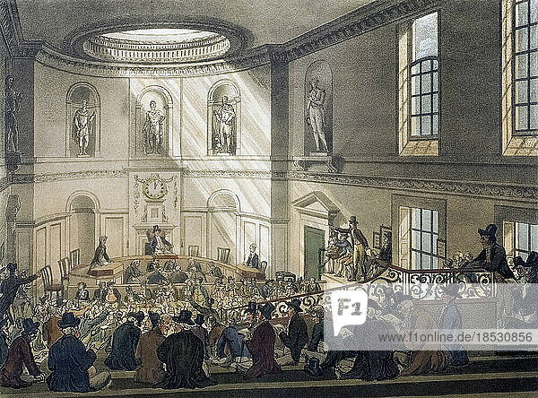 India House. The Sale Room. Circa 1808. This is the sale room of the headquarters of the East India company in Leadenhall Street. After a work by August Pugin and Thomas Rowlandson in the Microcosm of London  published in three volumes between 1808 and 1810 by Rudolph Ackermann. Pugin was the artist responsible for the architectural elements in the Microcosm pictures; Thomas Rowlandson was hired to add the lively human figures.
