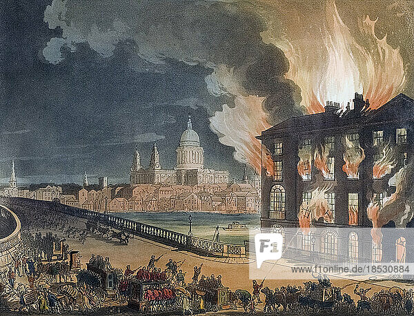 Fire in London. The destruction of the Albion flour mill beside the Blackfriars Bridge  March 2  1791. After a work by August Pugin and Thomas Rowlandson in the Microcosm of London  published in three volumes between 1808 and 1810 by Rudolph Ackermann. Pugin was the artist responsible for the architectural elements in the Microcosm pictures; Thomas Rowlandson was hired to add the lively human figures.