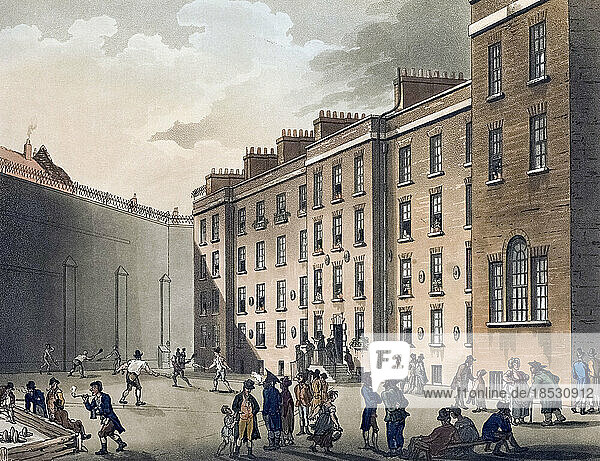 Fleet Prison. Circa 1808. After a work by August Pugin and Thomas Rowlandson in the Microcosm of London  published in three volumes between 1808 and 1810 by Rudolph Ackermann. Pugin was the artist responsible for the architectural elements in the Microcosm pictures; Thomas Rowlandson was hired to add the lively human figures.