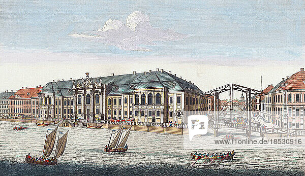 Blick auf den alten Winterpalast ihrer kaiserlichen Majestät und auf den Kanal  der die Moika mit der Newa verbindet  in St. Petersburg. St. Petersburg  Russland. Nach einem Werk eines nicht identifizierten Künstlers aus dem späten 18.