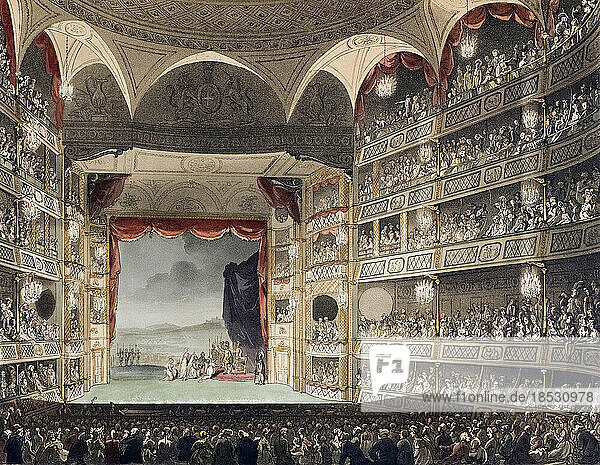 Drury Lane Theatre. Circa 1808. After a work by August Pugin and Thomas Rowlandson in the Microcosm of London  published in three volumes between 1808 and 1810 by Rudolph Ackermann. Pugin was the artist responsible for the architectural elements in the Microcosm pictures; Thomas Rowlandson was hired to add the lively human figures.