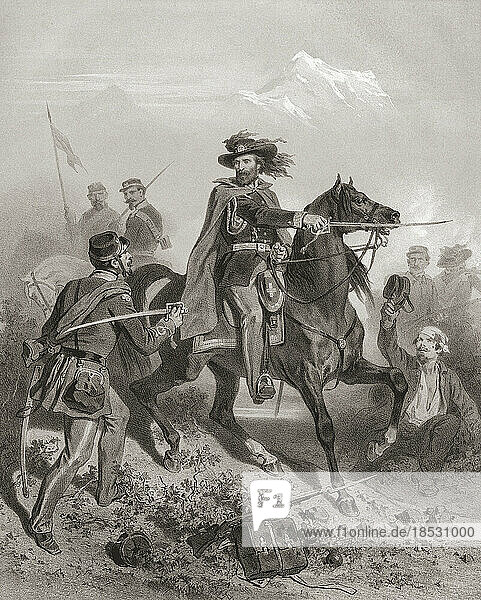 Giuseppe Garibaldi  1807 - 1882  führt seine Männer in der Schlacht von Varese am 26. Mai 1859 während des Zweiten Italienischen Unabhängigkeitskrieges an. Nach einem zeitgenössischen Werk von Adolphe Jean Baptiste Bayot.
