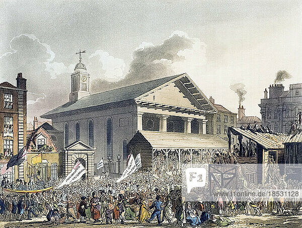 Covent Garden Market  Westminster Election (Day). Circa 1808. After a work by August Pugin and Thomas Rowlandson in the Microcosm of London  published in three volumes between 1808 and 1810 by Rudolph Ackermann. Pugin was the artist responsible for the architectural elements in the Microcosm pictures; Thomas Rowlandson was hired to add the lively human figures.