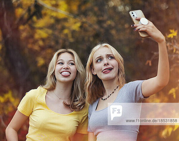 Zwei Mädchen im Teenageralter machen Selbstporträts mit einem Smartphone  während sie an einem warmen Herbsttag in einem Stadtpark Zeit miteinander verbringen; St. Albert  Alberta  Kanada.