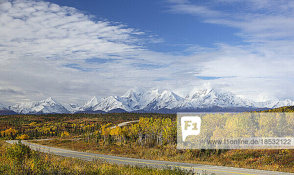 Schöne Herbstfarben und Blick auf die schneebedeckten Berggipfel der Alaska Range vom Highway aus; Alaska  Vereinigte Staaten von Amerika