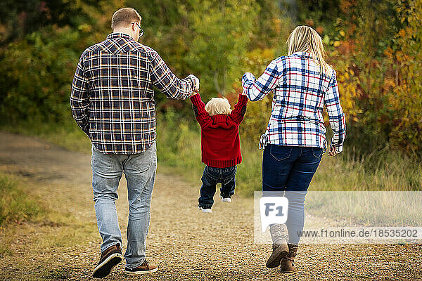 Mother and father hold hands with toddler son as they walk down a path in a city park in autumn; Edmonton  Alberta  Canada