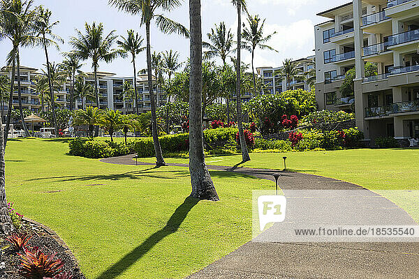 Pathway winding through lush tropical gardens on a Hawaiian resort  Maui  Hawaii  USA; Maui  Hawaii  United States of America