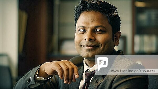 Smiling successful young adult Indian executive businessman in his office  generative AI