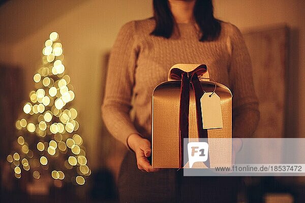 Weihnachtsgeschenk. Unerkennbare Frau hält große goldene Weihnachtsgeschenkbox mit roter Schleife  während gegen unscharfen Weihnachtsbaum Hintergrund stehen  selektiven Fokus von Urlaubsgeschenk in weiblichen Händen
