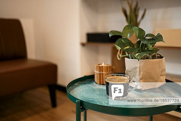 Innenaufnahme eines modernen  offenen Wohnzimmers  Details des braunen Sofas  Couchtisch  Dekorationsgegenstände auf den Regalen und Pflanzen