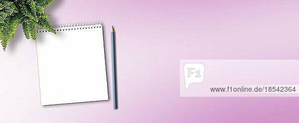 Leere Spirale Notizblock und Bleistift für Notizen auf rosa Schreibtisch Hintergrund