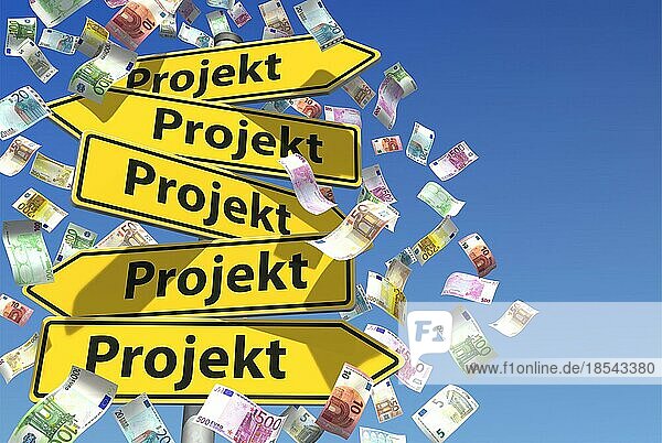 Symbolbild: Finanzierung von Projekten. Guide posts with the German word