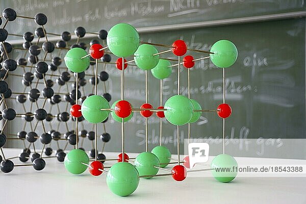 Atommodell im Chemiesaal mit Kreidetafel im Hintergrund