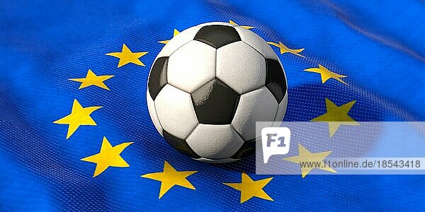 EM - Europameisterschaft  Fußball liegt auf Europafahne. EM - European championship  football lies on the European flag