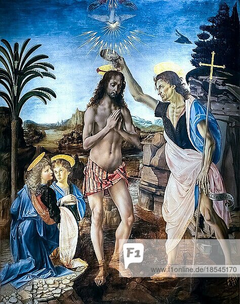 FLORENZ  TOSKANA/ITALIEN - 19. OKTOBER : Das Gemälde Die Taufe Christi in der Uffizien-Galerie in Florenz am 19. Oktober 2019