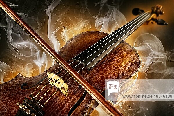 Violine umgeben von Licht und Rauch