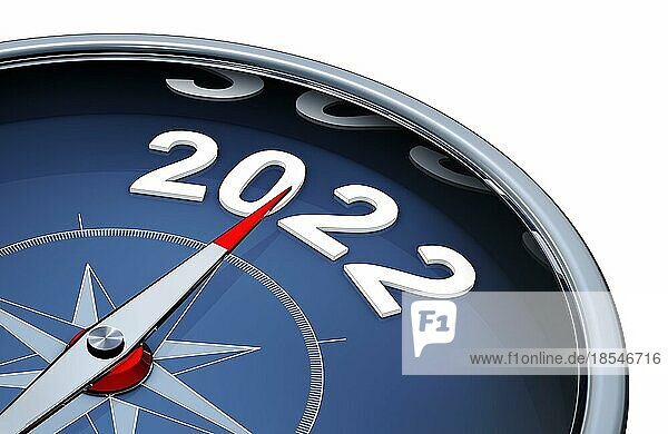 3D-Illustration eines Kompasses mit einem Jahr 2022 Symbol