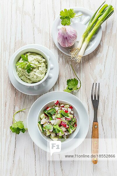 Radieschensalat mit Gurken und Zwiebeln mit leckerem Avocado Dip. Gesunde Ernährung Konzept