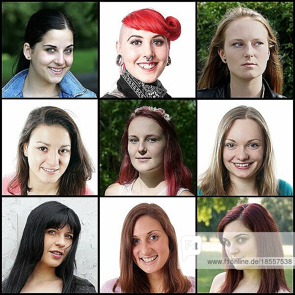 Sammlung von 9 verschiedenen kaukasischen Frauen im Alter von 18 bis 30 Jahren