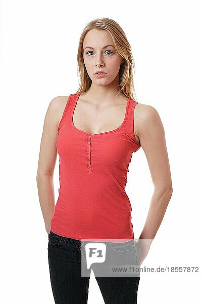 cool young woman wearing jeans and red tanktop