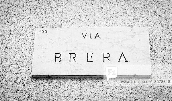 Mailand  Italien. Straßenschild des berühmten Breara Viertels  Standort von Künstlern und Museen