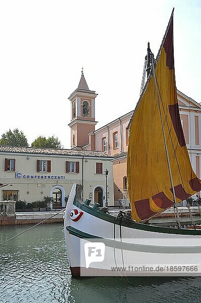Italy  Emilia Romagna  Adriatic Sea  Cesenatico  at the harbour  church  sailing ships  Europe