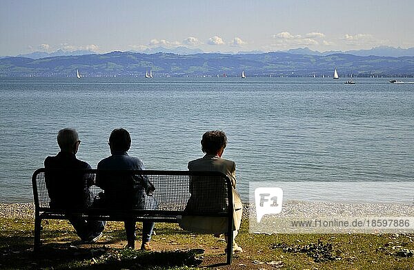 Immenstaad on Lake Constance  bench by the lake with people  view of the Alps