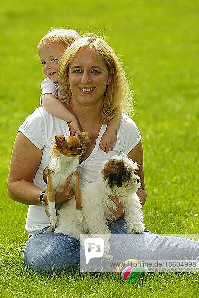 Frau und Tochter mit Chihuahua und Mischlingshund  Welpe