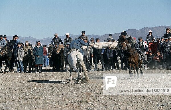 Kazakh rider  participant in golden eagle festival  Kazakh game 'Kek Bar'  Bayan Olgiy Province  Mongolia  Asia