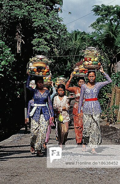 Frauen mit Opfergaben auf Weg zum Hindu-Tempel Ubud  Bali  Indonesien  Asien