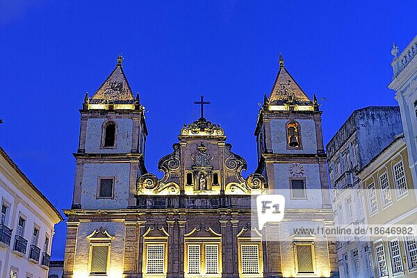 Illuminated facade of an ancient and historic church located in Salvador Bahia in the Pelourinho district at dusk Brasil