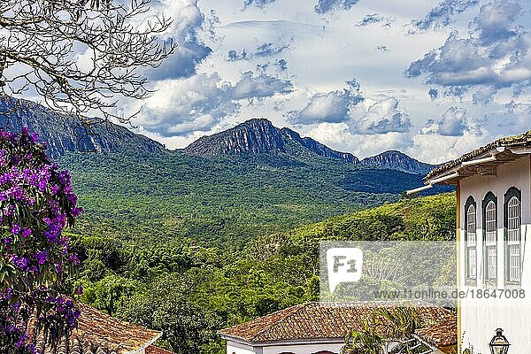 Houses  mountains and forest in the historic city of Tiradentes in the state of Minas Gerais  Brasil