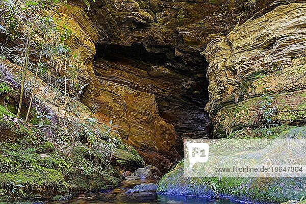 Stone cave interior with small river and lake surrounded by vegetation of Brazilian jungle  Carrancas  Minas Gerais  Brasil